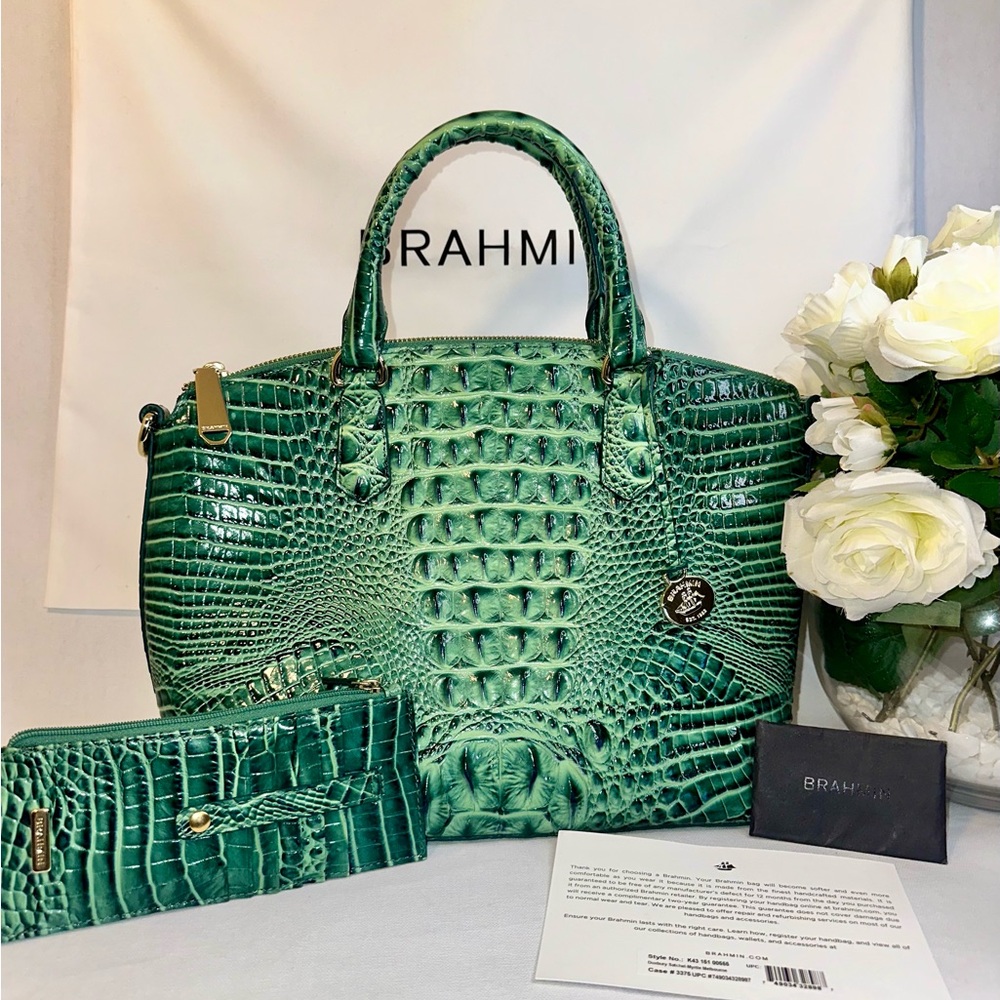 Brahmin Emerald Crocodile Embossed Satchel and Wallet